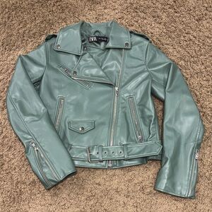 ZARA Sage Green Faux Leather Moto Jacket